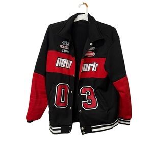 Red and Black Varsity Bomber Jacket with New York Lettering